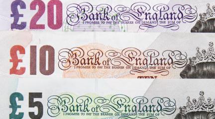 Twenty, ten and five pound notes