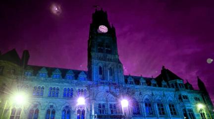 Barrow Town Hall lit up in blue