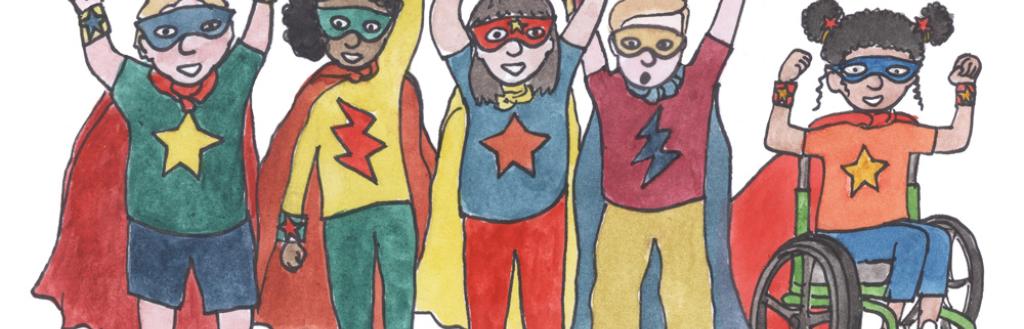 A group of illustrated children dressed as superheroes