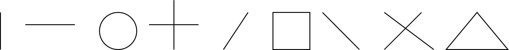 Pre-writing shapes (a dash, circle, cross, slash, square, triangle