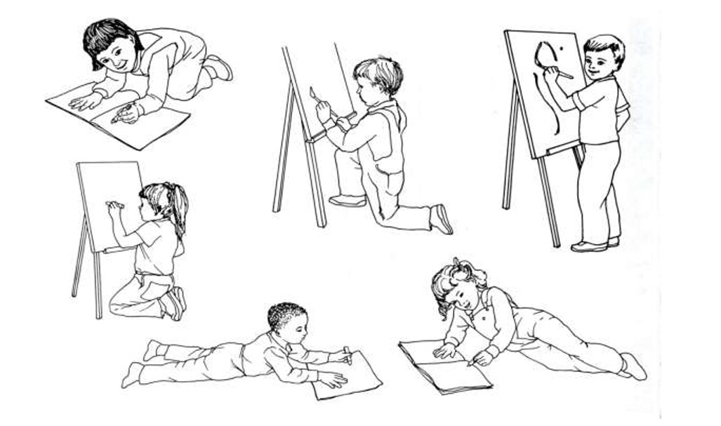 Other positions for play: children sitting, standing, and lying down - all writing or drawing