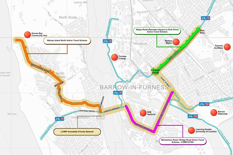 Barrow active travel vision plan, showing how the three different planned section to make one cycle-able route crossing the town from Walney coast in the west to  route  Park drive on Abbey Road in the East. 