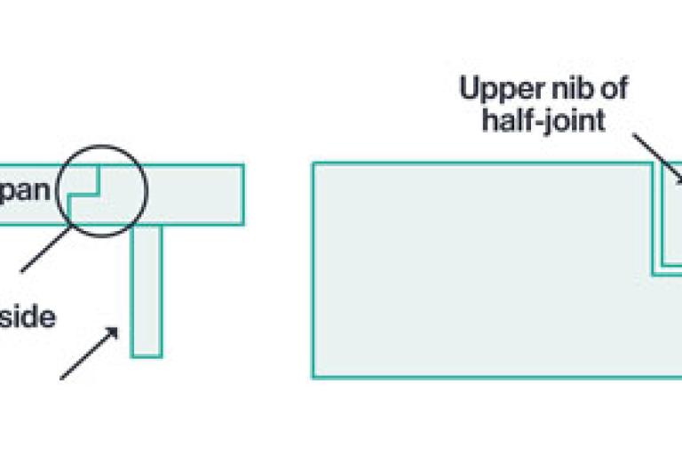 Image illustrates a bridge span and a detail of a half-joint.