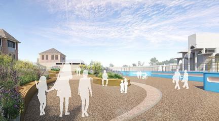 An artist's impression of the inside of the restored lido, with white figures walking past shrubs and plants