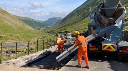 Concrete being poured as part of Kirkstone Pass works in June
