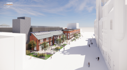 An artist's impression of how the front of The Forum and Market Hall in Barrow will look, with trees and shrubs outside