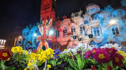 : Barrow Town Hall lit up in the colours of the Union Jack
