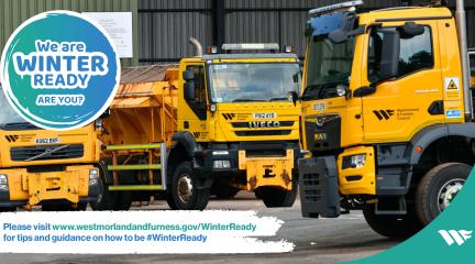 We are winter ready, are you? written on a teal and light winter blue circle on top of three yellow gritters parked in a depot