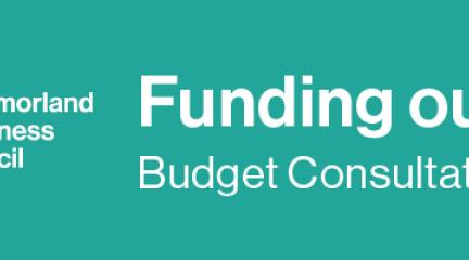 A teal banner featuring the Westmorland and Furness Council logo and following text: Funding our future together. Budget consultation 2024/25.