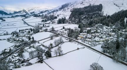 Birdseye view of a Snowy Cumbria Scene 