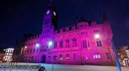 Barrow Town Hall lit up in purple. 