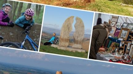 Images of two children and a bike, a stone sculpture and a person looks at some paintings.