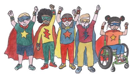 A group of illustrated children dressed as superheroes