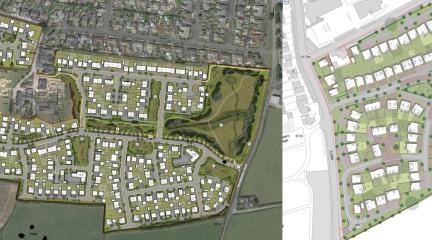 Two overhead site plans of the housing developments.