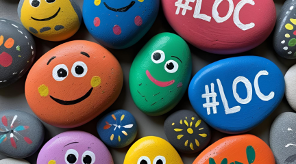 Pebbles painted with faces and hashtag #LOC for Love our Children week