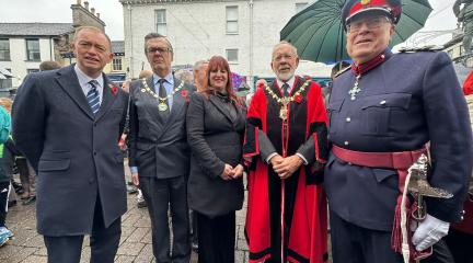 Tim Farron MP; Chair of Westmorland and Furness Council, Cllr Doug Rathbone; Linda Jones, Chief Legal and Monitoring Officer and Lead Officer for the Armed Forces; Mayor of Kendal, Cllr Richard Sutton; and Deputy Lieutenant, Sam Rayner, all attending the Remembrance Sunday event in Kendal.