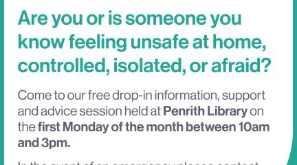 Domestic abuse support sessions social media graphic reading 'are you or is someone you know feeling unsafe at home, controlled, isolated or afraid?