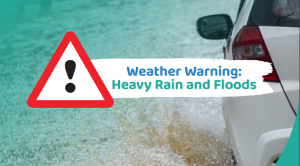 Weather Warning - heavy rain and floods graphic with a warning sign 