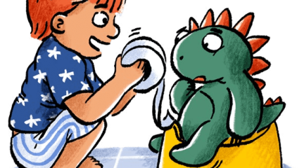 child playing with dinasoar on potty