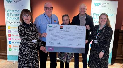 Dying to Work Charter signing ceremony with Cllr Helen Chaffey, Cabinet Member for Communities, Customer Services, Culture and Communications; Patrick McGlone, GMB Union Convenor; Mandie Phinn, Branch Secretary, Cumbria County Branch UNISON; Jay McKenna, TUC North West Regional Secretary; and Georgie Hubberstey, Senior Advisor – Workforce, Resourcing & Engagement