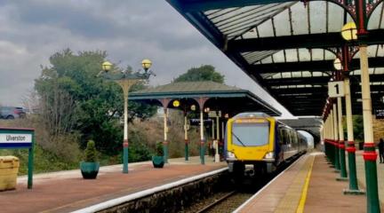 A train at the platform at Ulverston station.