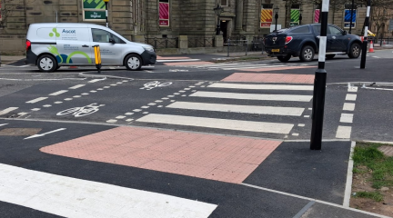 Newly completed sections of the Abbey Road active travel scheme in Barrow around Ramsden Square