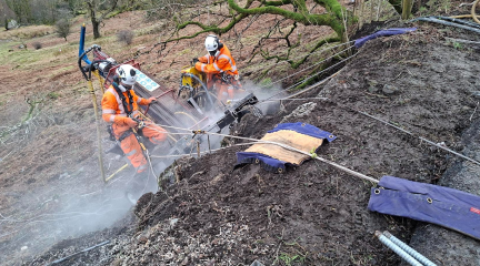 As part of the ground investigations, soil nail testing was undertaken on the steep banking underneath the landslip location