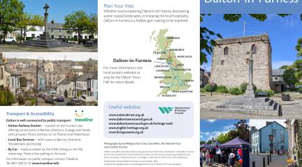 Dalton Castle and town centre. Text reads: Visit Dalton-in-Furness.