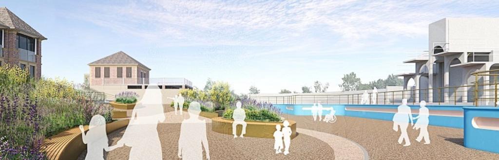 An artist's impression of the inside of the restored lido, with white figures walking past shrubs and plants