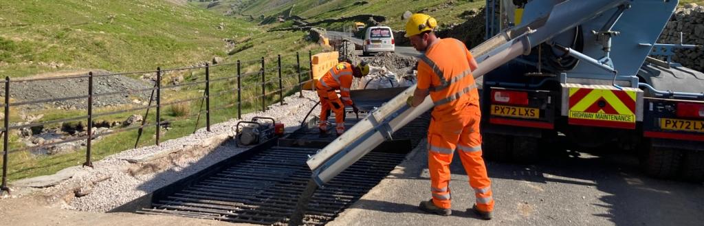 Concrete being poured as part of Kirkstone Pass works in June