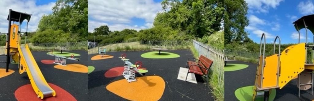 Three pieces of play equipment in vibrant colours - two slides and a seesaw.