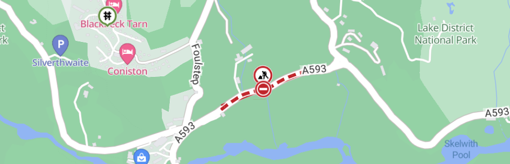 Red dotted line indicating an emergency road closure at the A593 at Coniston 