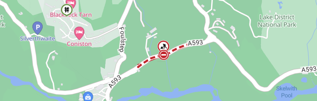 Red dotted line indicating an emergency road closure at the A593 at Coniston