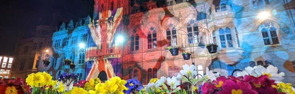 : Barrow Town Hall lit up in the colours of the Union Jack