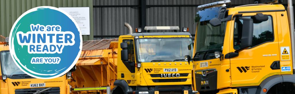 We are winter ready, are you? written on a teal and light winter blue circle on top of three yellow gritters parked in a depot