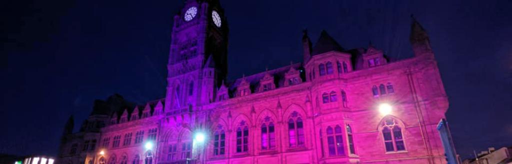 Barrow Town Hall lit up in purple. 