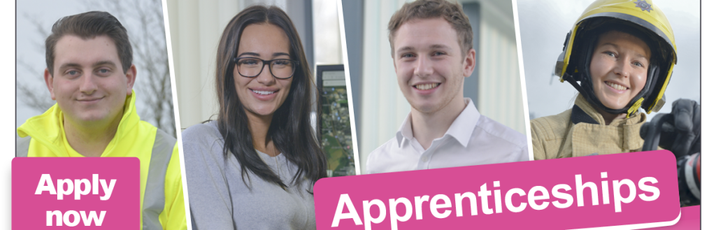 Four apprentices in a variety of roles with the following text: Apprenticeships, apply now.