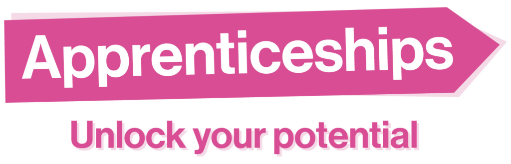 Westmorland and Furness Council's Apprenticeships badge showing 'Apprenticeships, Unlock Your Potential' in pink text.