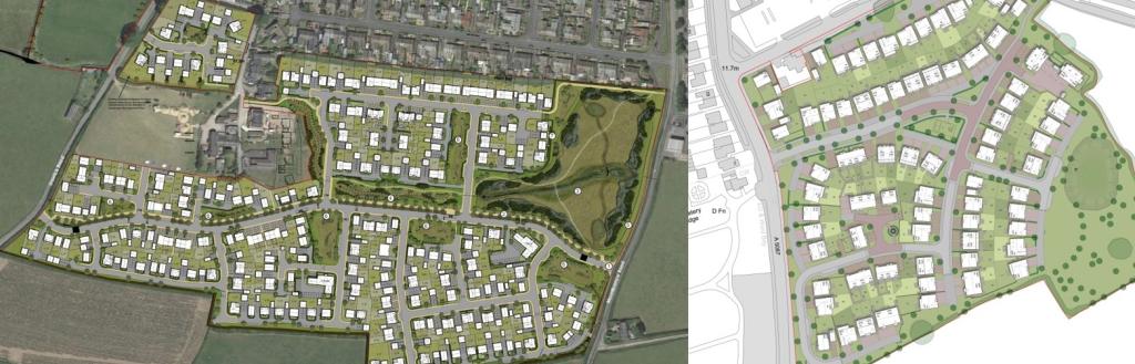 Two overhead site plans of the housing developments.