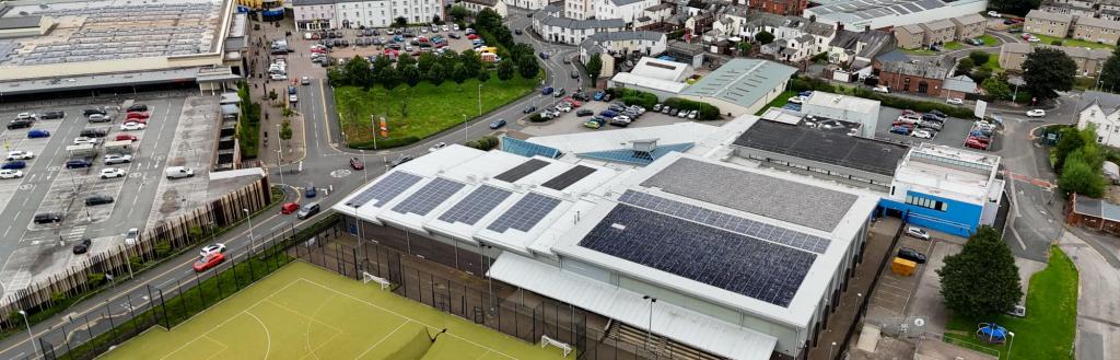 Drone view of Penrith Leisure Centre roof showing new PV panels