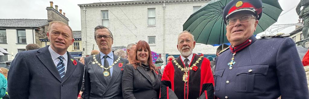 Tim Farron MP; Chair of Westmorland and Furness Council, Cllr Doug Rathbone; Linda Jones, Chief Legal and Monitoring Officer and Lead Officer for the Armed Forces; Mayor of Kendal, Cllr Richard Sutton; and Deputy Lieutenant, Sam Rayner, all attending the Remembrance Sunday event in Kendal.