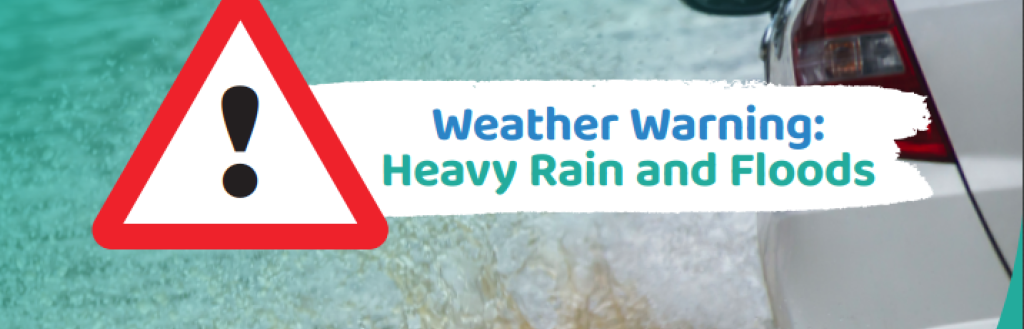 Weather Warning - heavy rain and floods graphic with a warning sign 