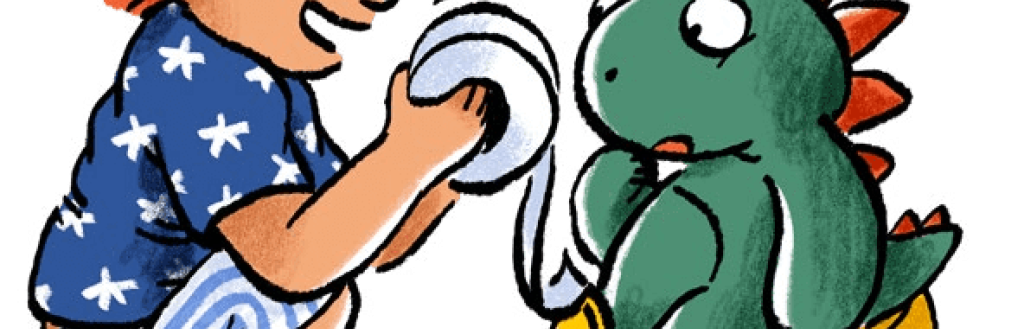 child playing with dinasoar on potty