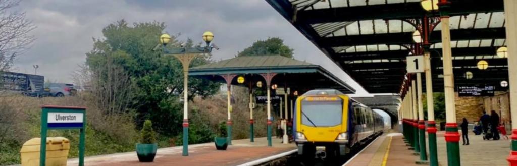 A train at the platform at Ulverston station.