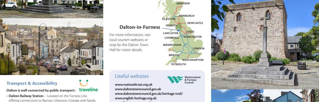 Dalton Castle and town centre. Text reads: Visit Dalton-in-Furness.