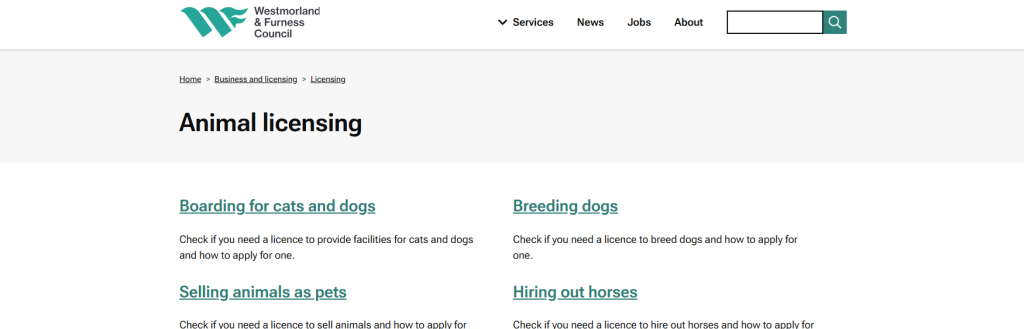 Council webpage for Animal Licensing