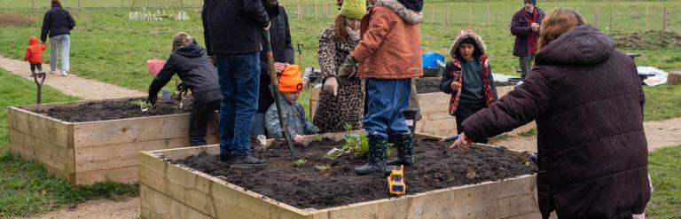 A group planting in raised beds at an outdoor nature reserve